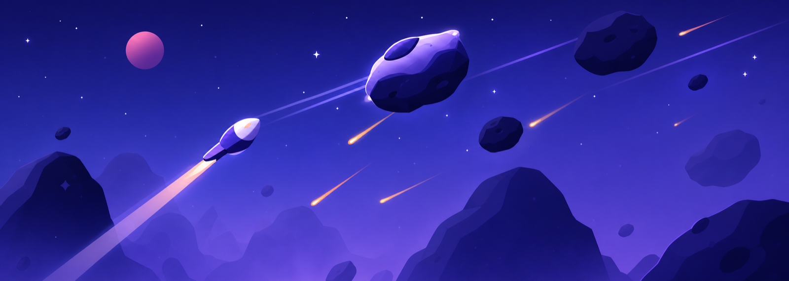 A small rocket weaving through a purple meteor field